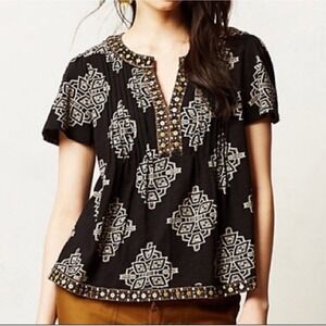 Anthropologie Akemi + Kin Black Ikat Print Beaded Shirt Boho‎ Cotton Size Small